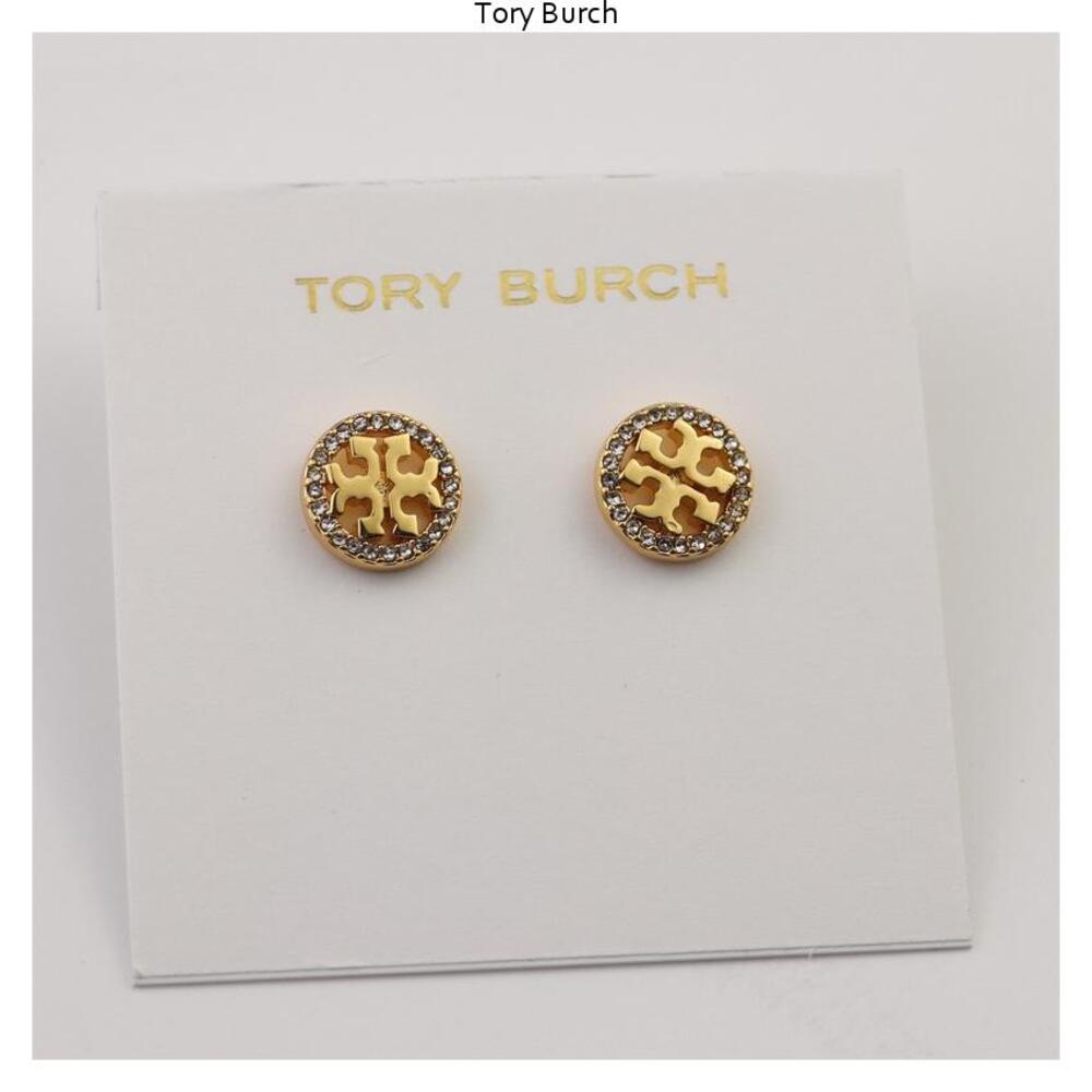 Tory Burch Gold Logo Crystal Halo Stud Earrings